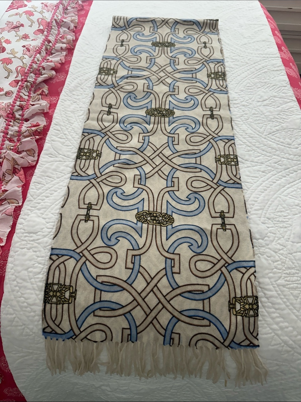 J. McLaughlin Beige and Light Blue 100% Cashmere Scarf - Picture 4 of 4